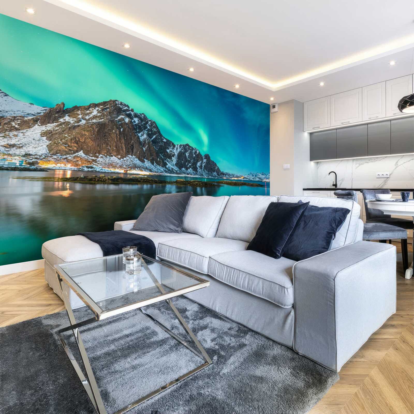 Fotobehang aurora borealis boven de top