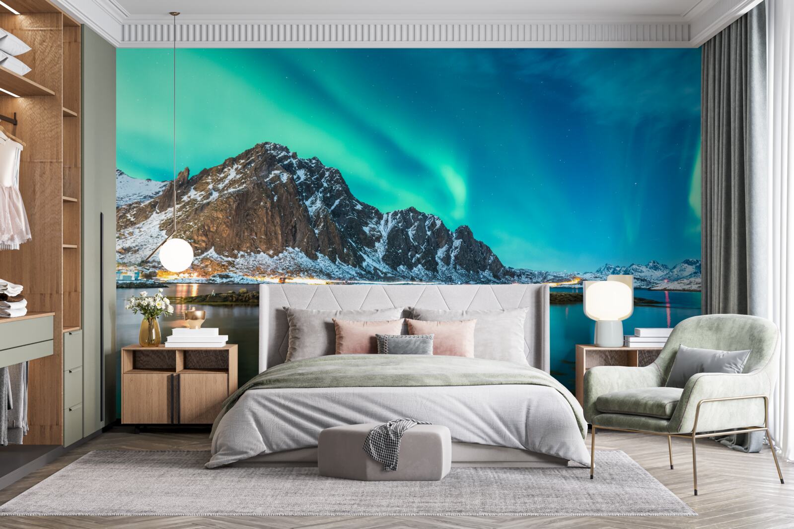 Fotobehang aurora borealis boven de top