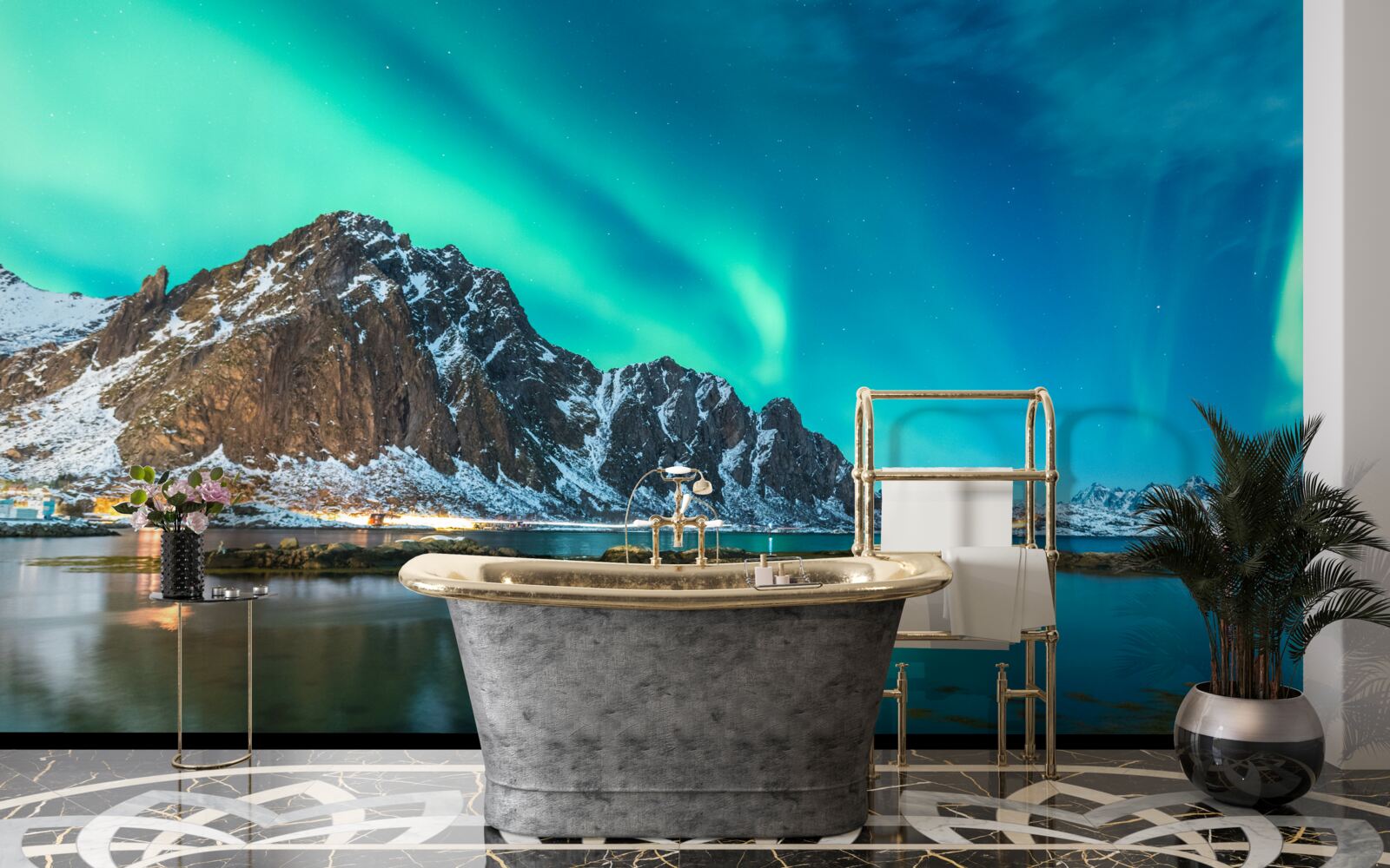 Fotobehang aurora borealis boven de top