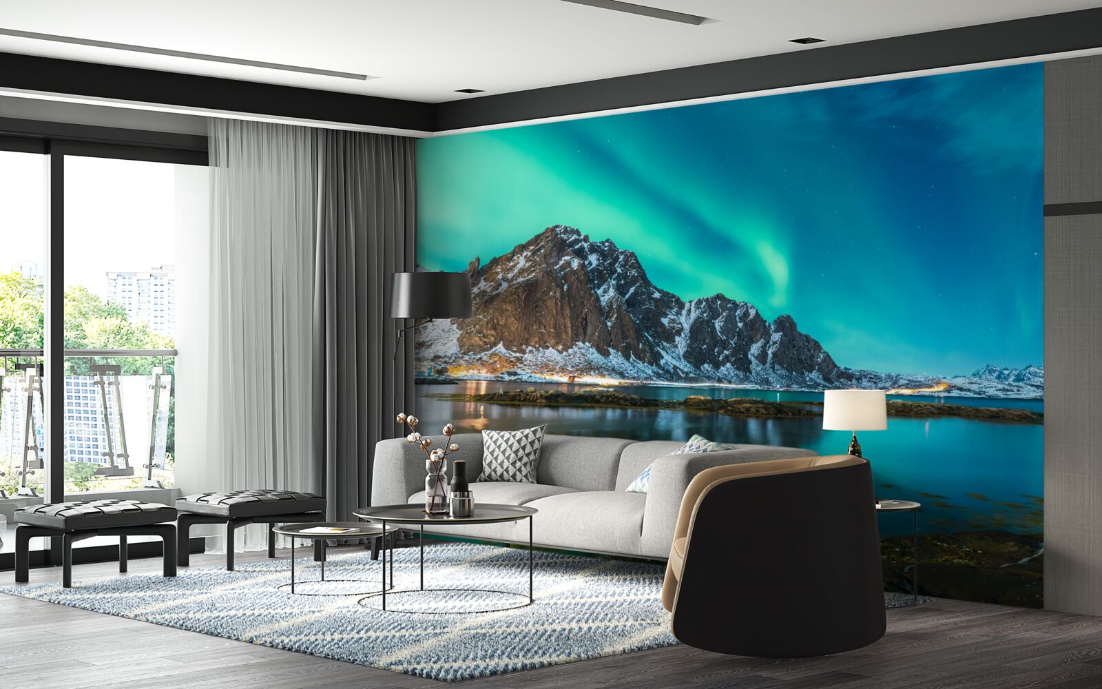 Fotobehang aurora borealis boven de top