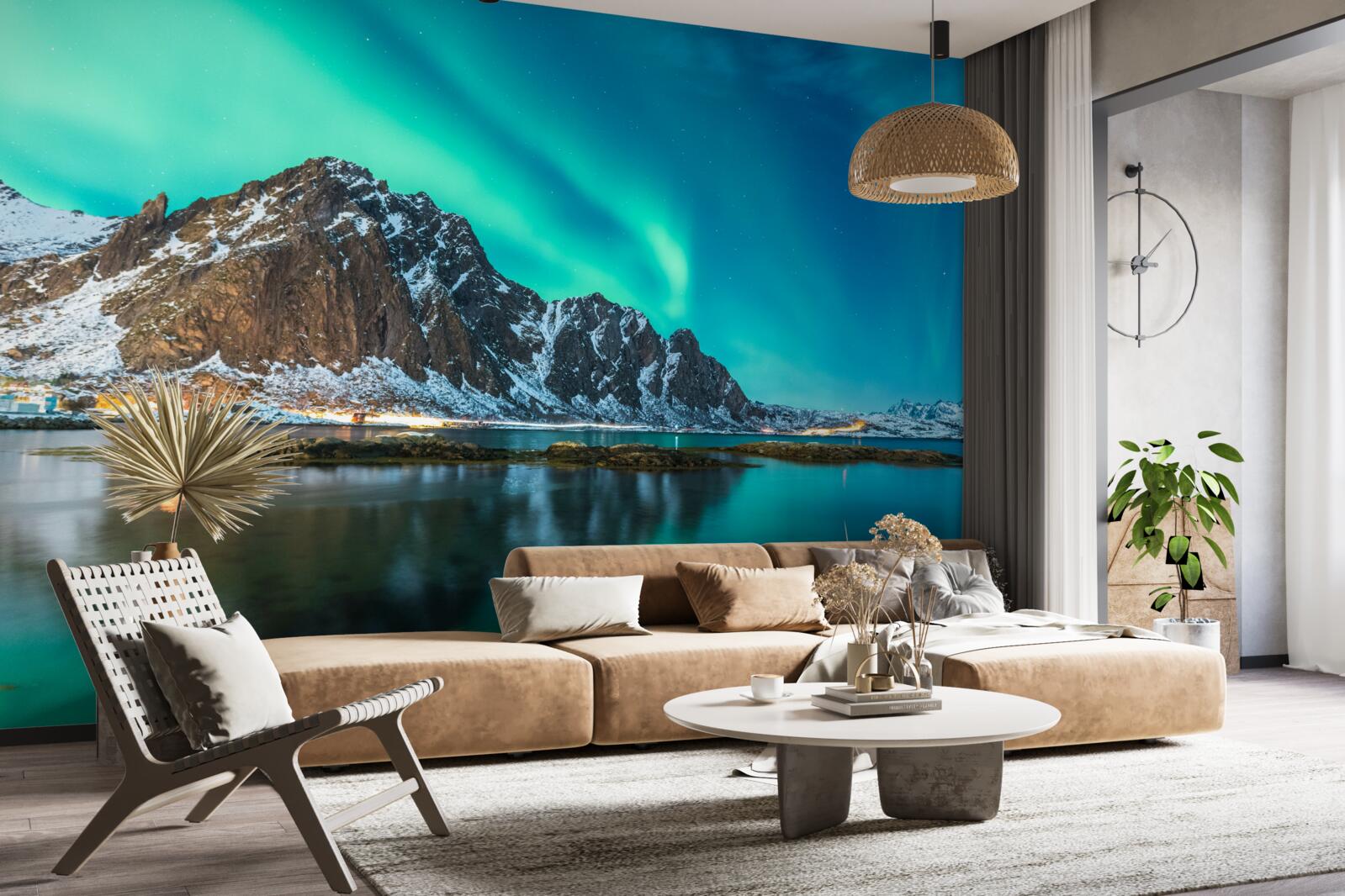 Fotobehang aurora borealis boven de top