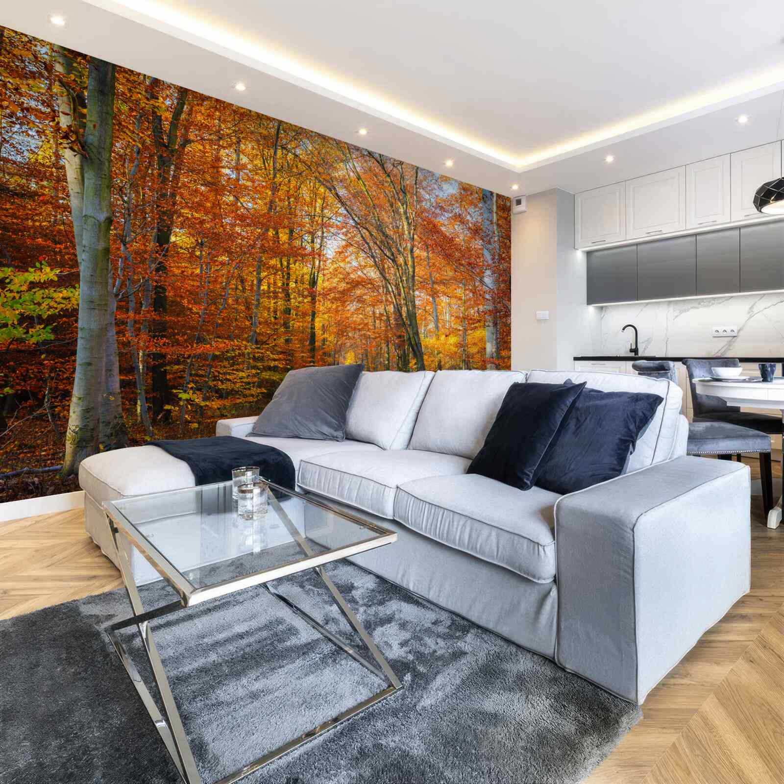 Fotobehang bomen met vallende bladeren in de herfst