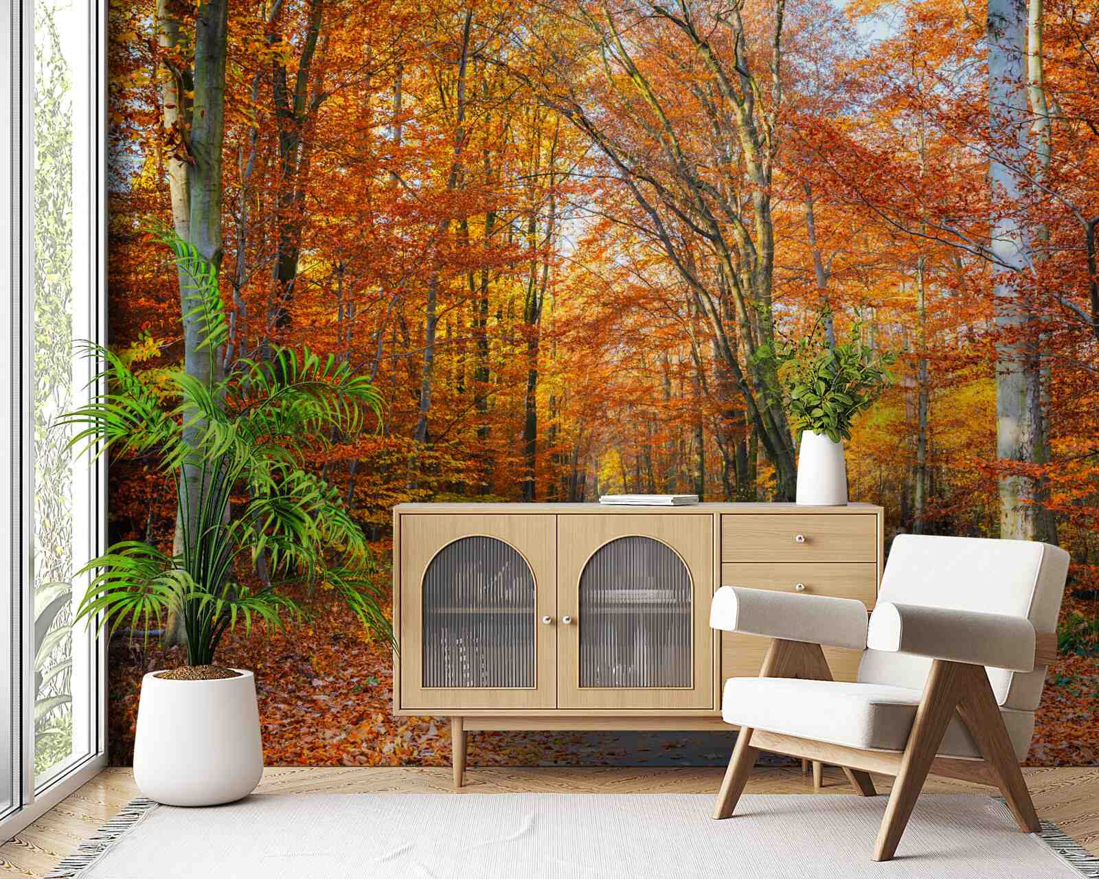 Fotobehang bomen met vallende bladeren in de herfst