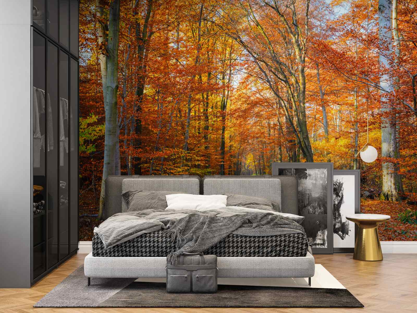 Fotobehang bomen met vallende bladeren in de herfst