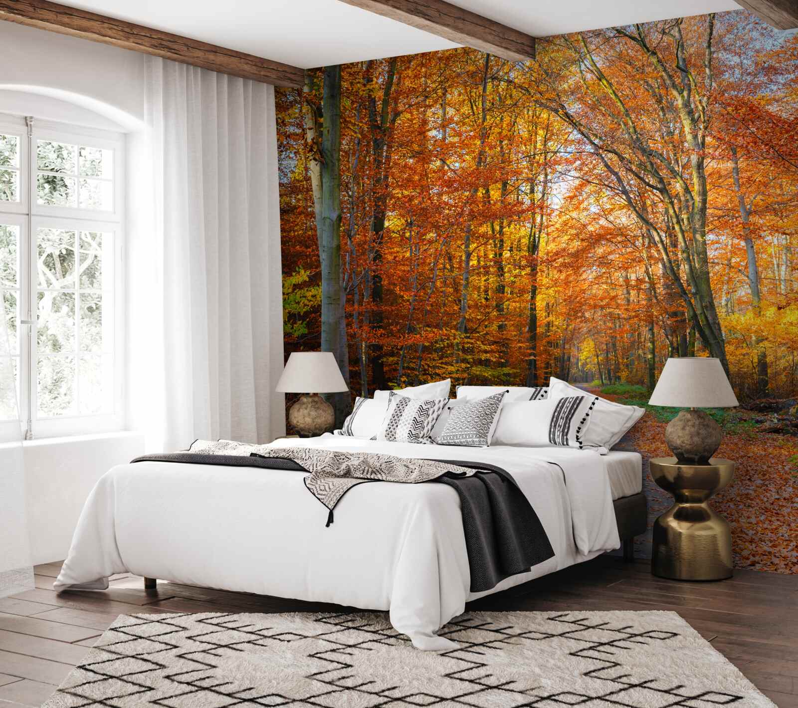 Fotobehang bomen met vallende bladeren in de herfst