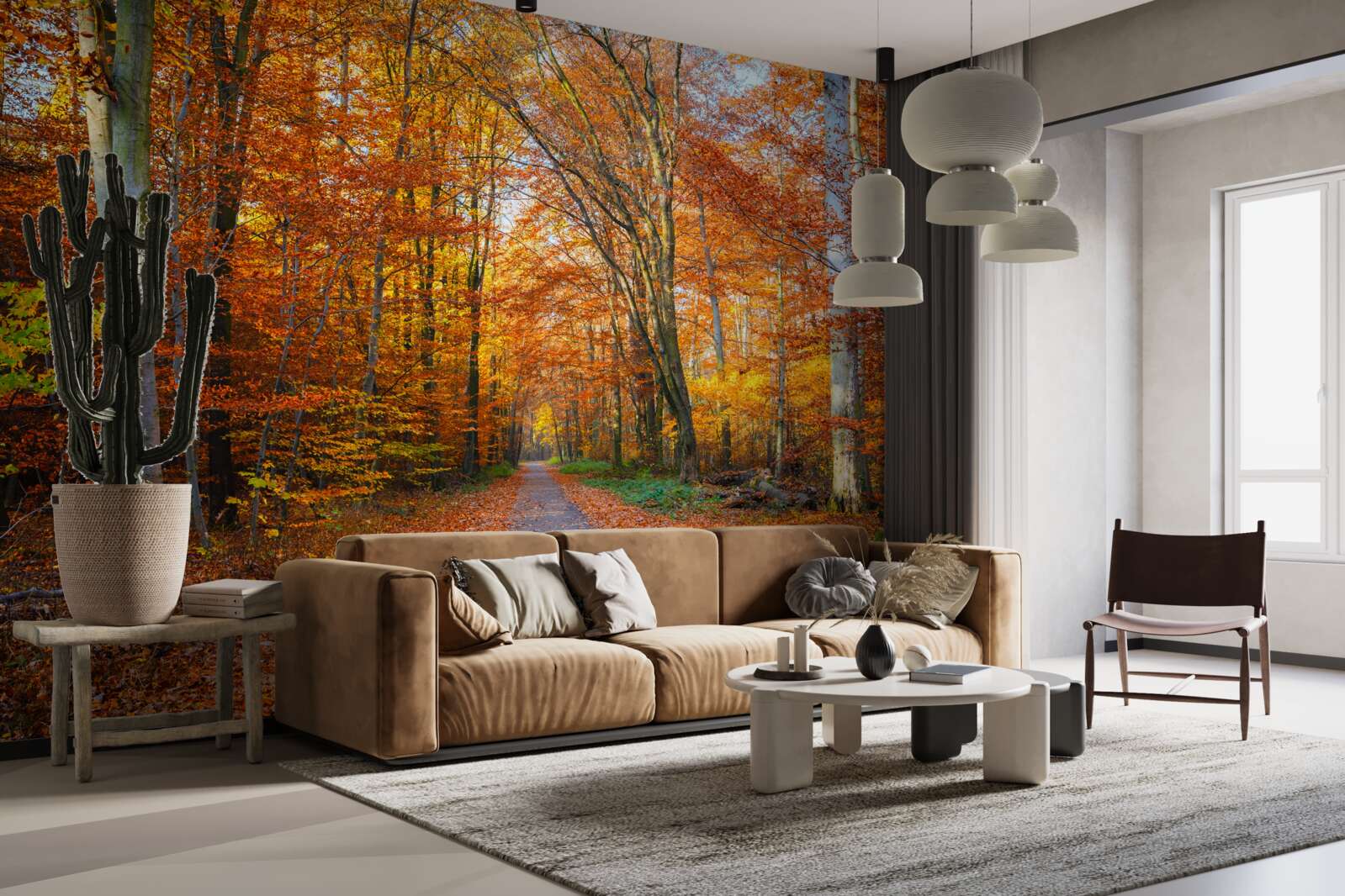 Fotobehang bomen met vallende bladeren in de herfst