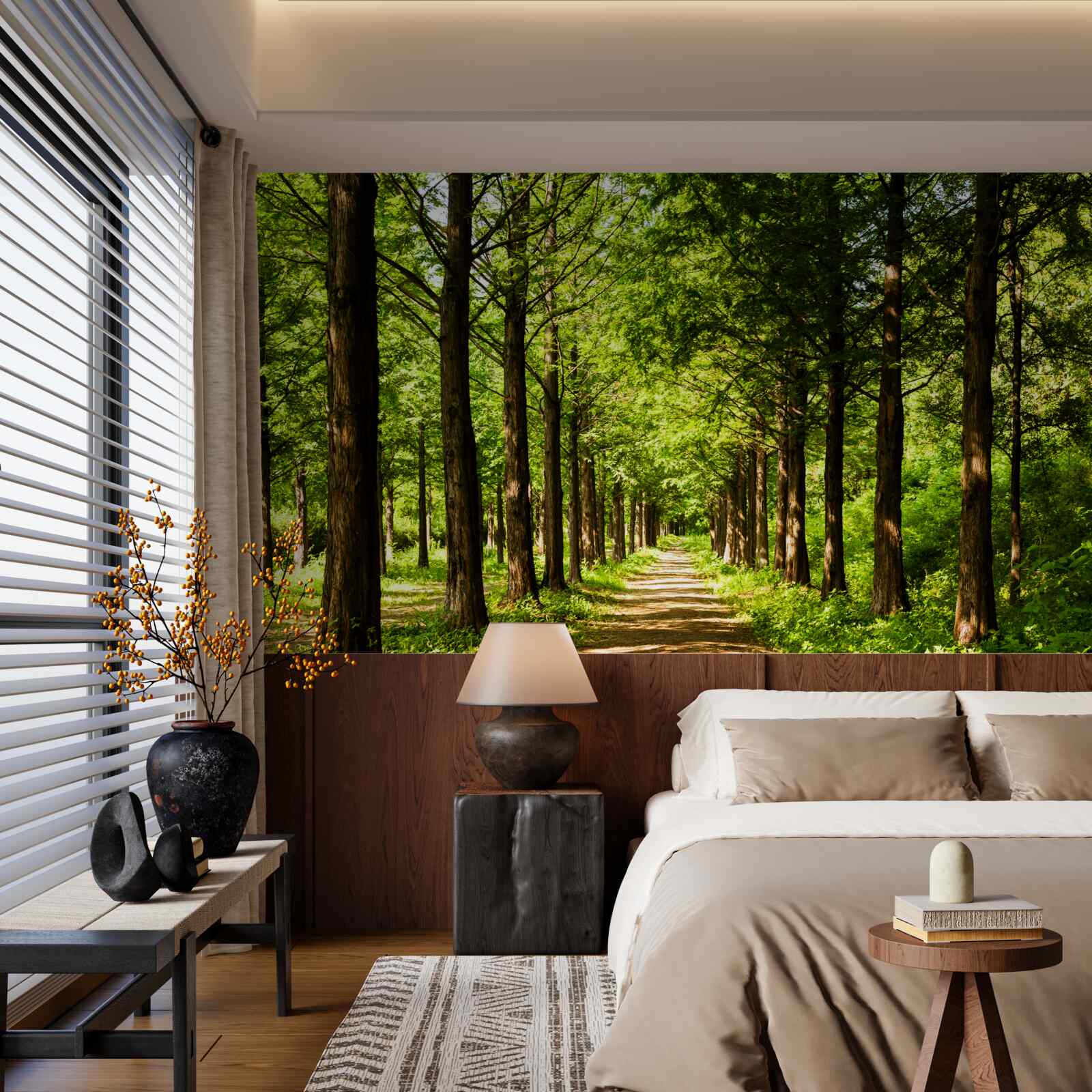 Fotobehang ruim pad tussen smaragdgroene bomen