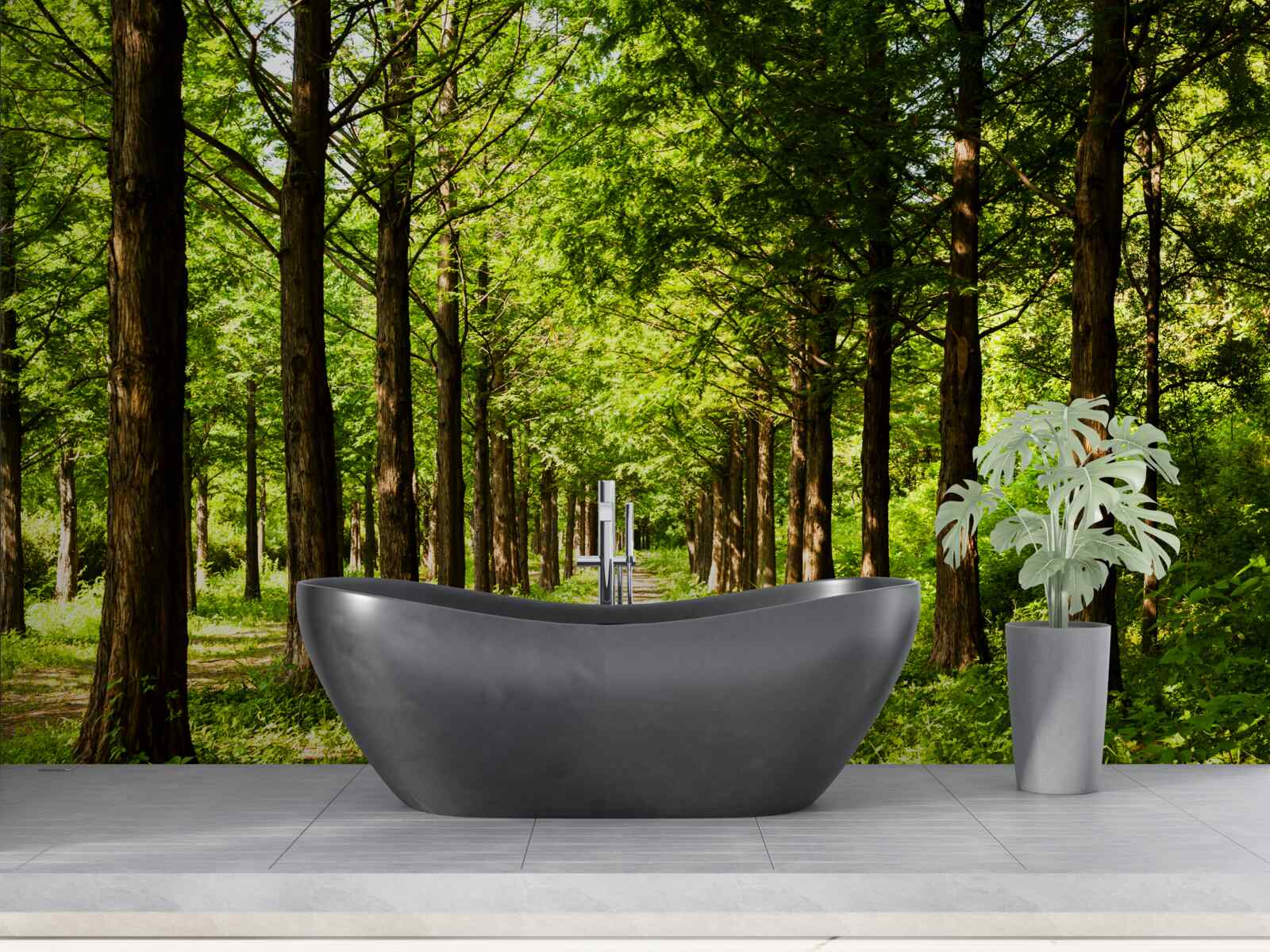 Fotobehang ruim pad tussen smaragdgroene bomen