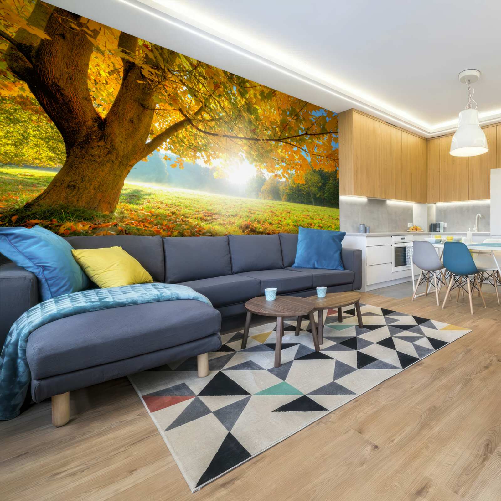 Fotobehang herfstbos verlicht door de zon