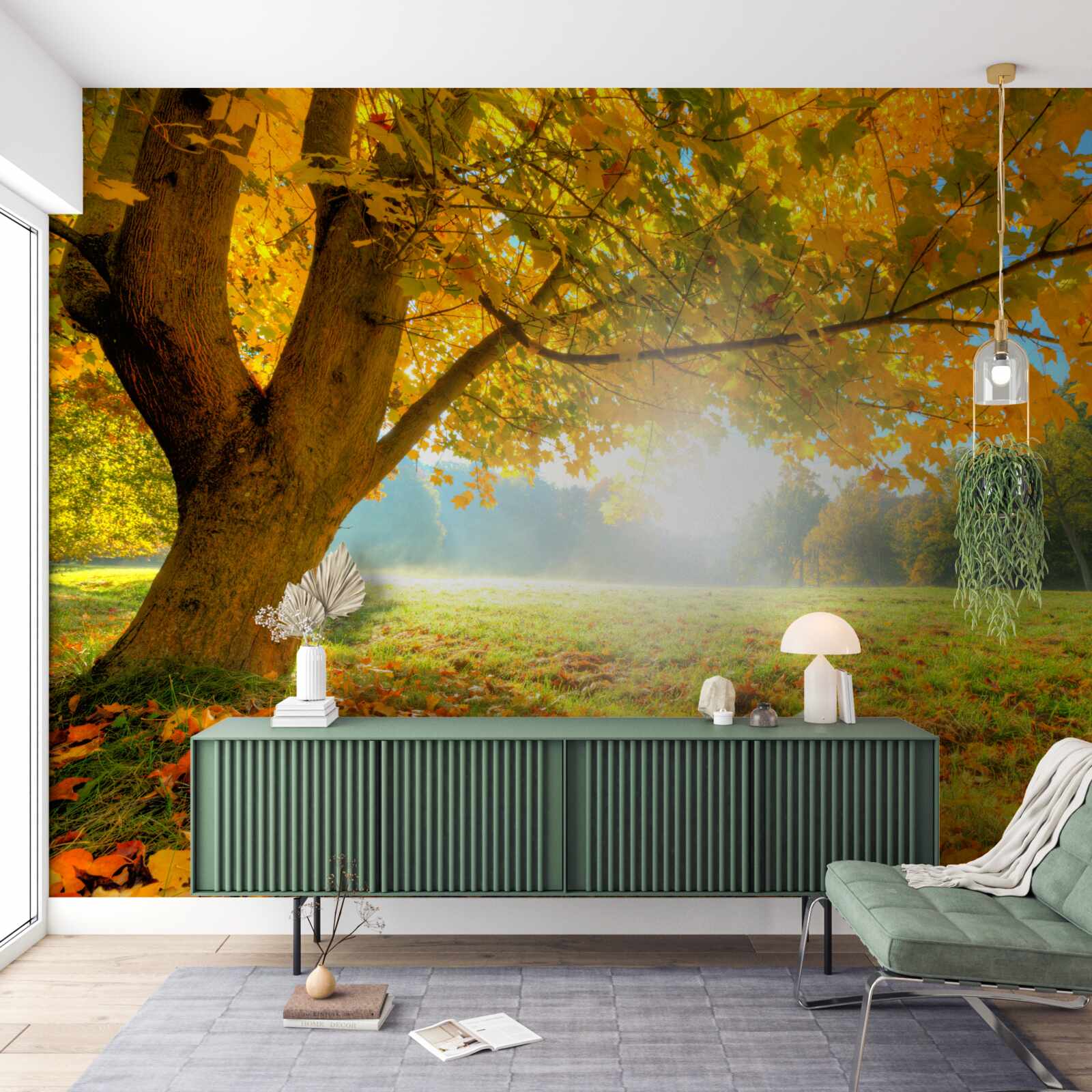 Fotobehang herfstbos verlicht door de zon