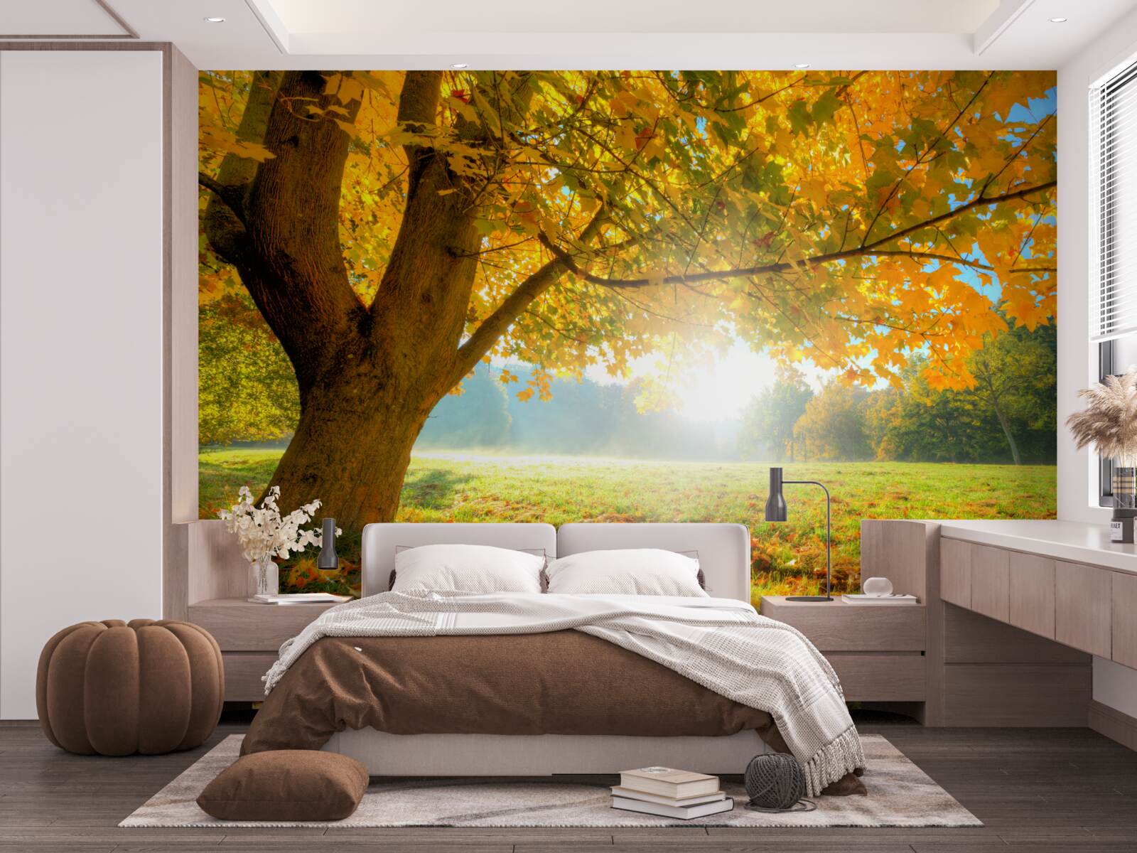 Fotobehang herfstbos verlicht door de zon