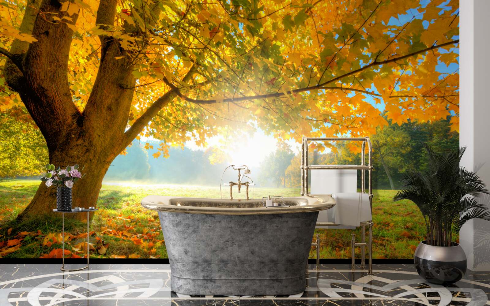 Fotobehang herfstbos verlicht door de zon