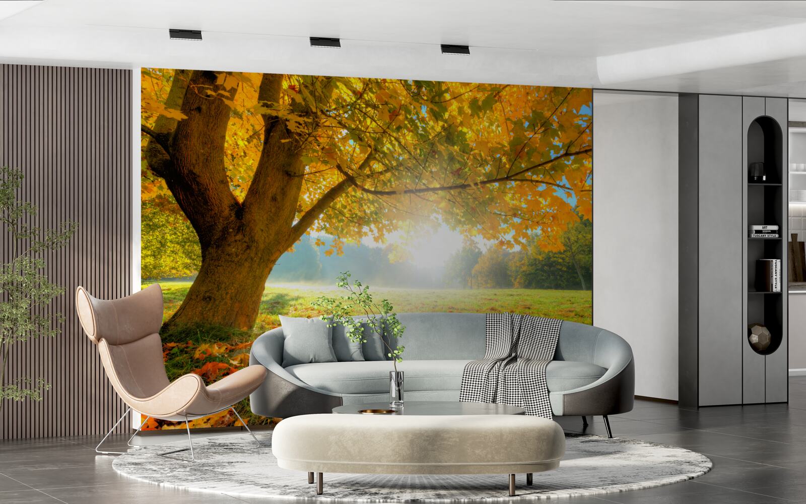 Fotobehang herfstbos verlicht door de zon