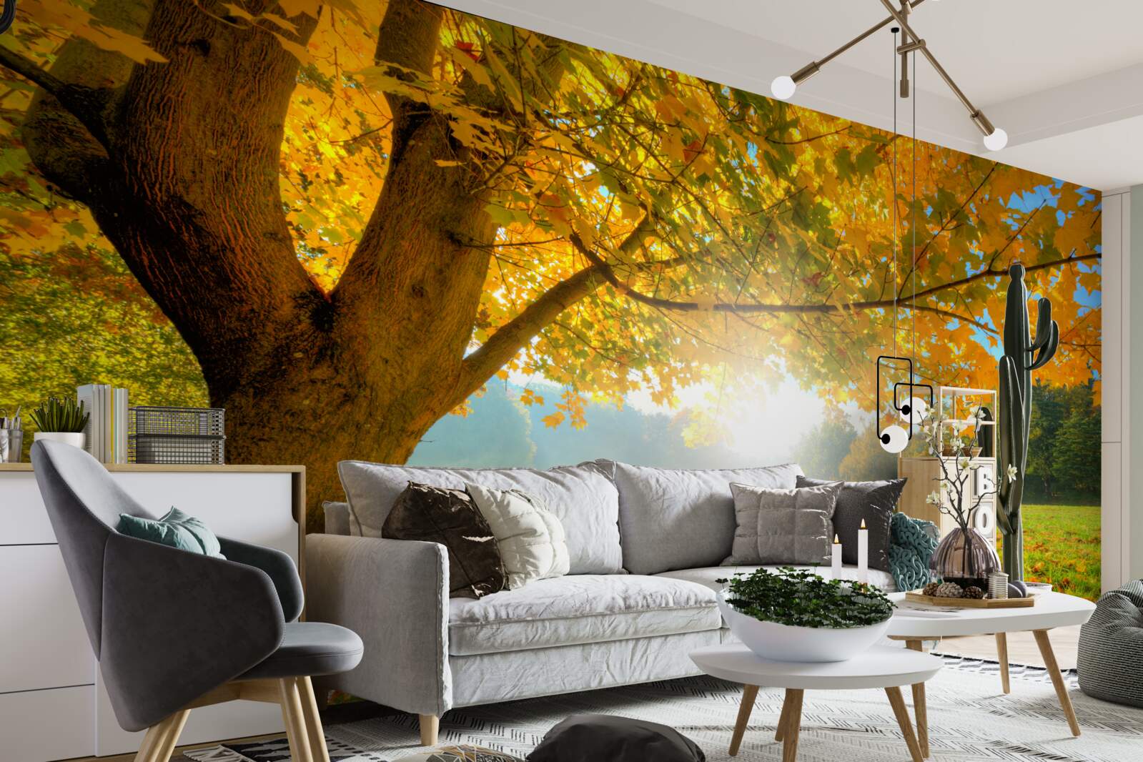 Fotobehang herfstbos verlicht door de zon