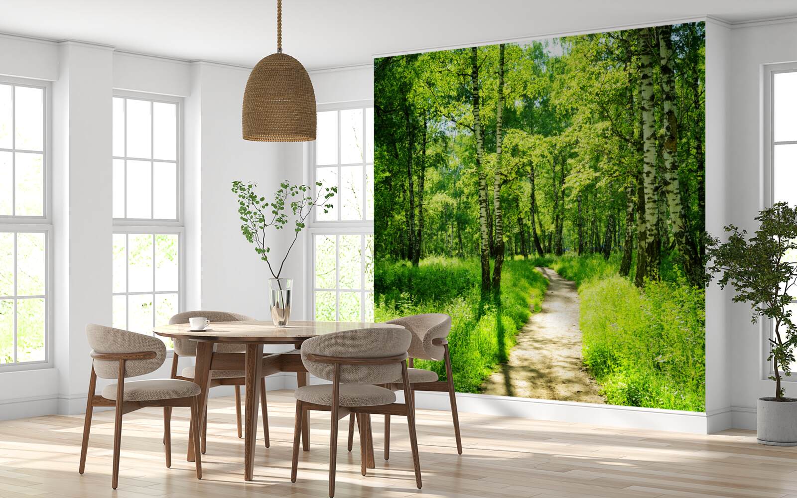 Fotobehang pad omgeven door groene bomen