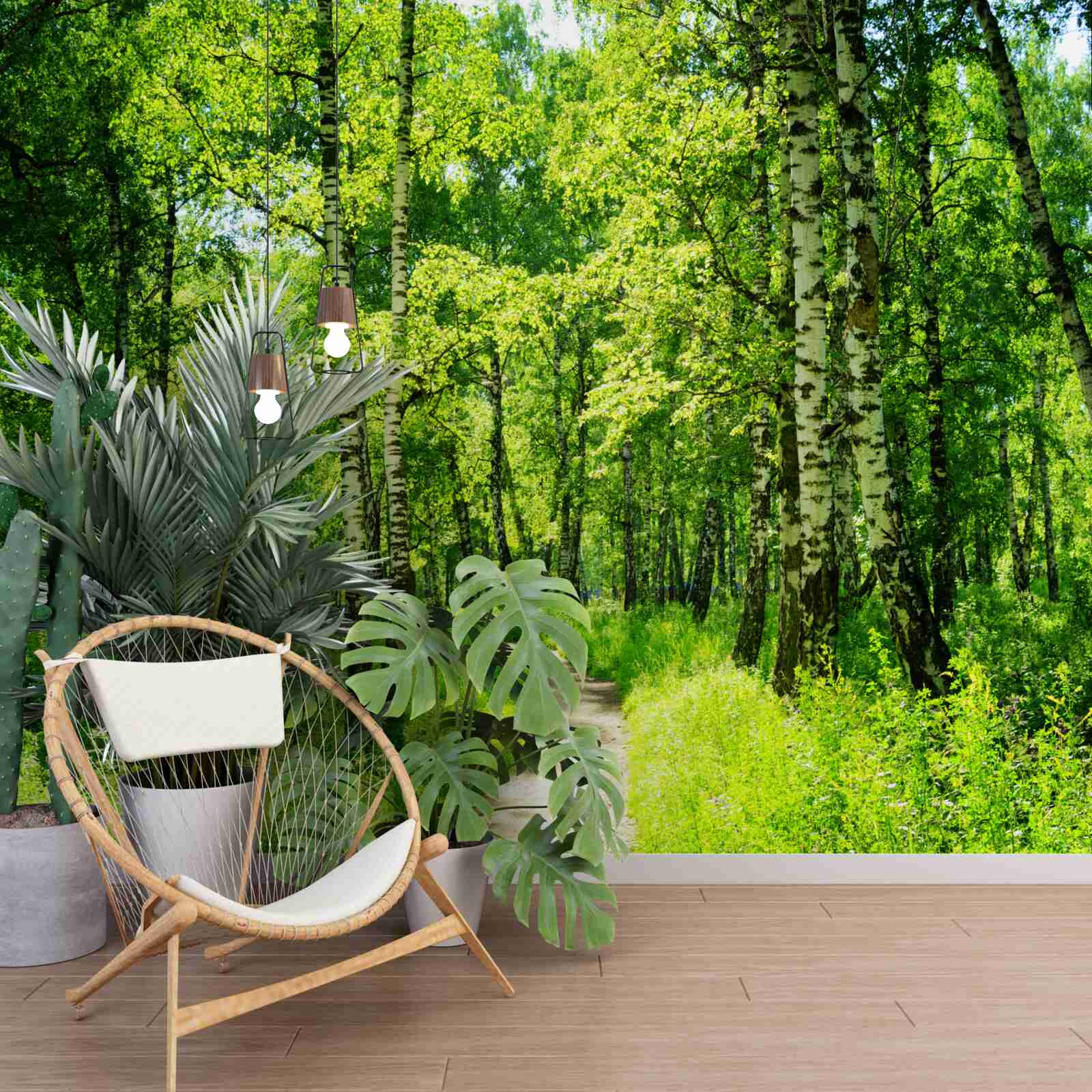 Fotobehang pad omgeven door groene bomen