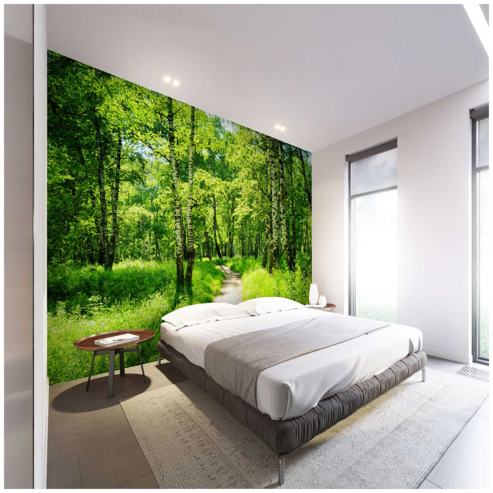 Fotobehang pad omgeven door groene bomen