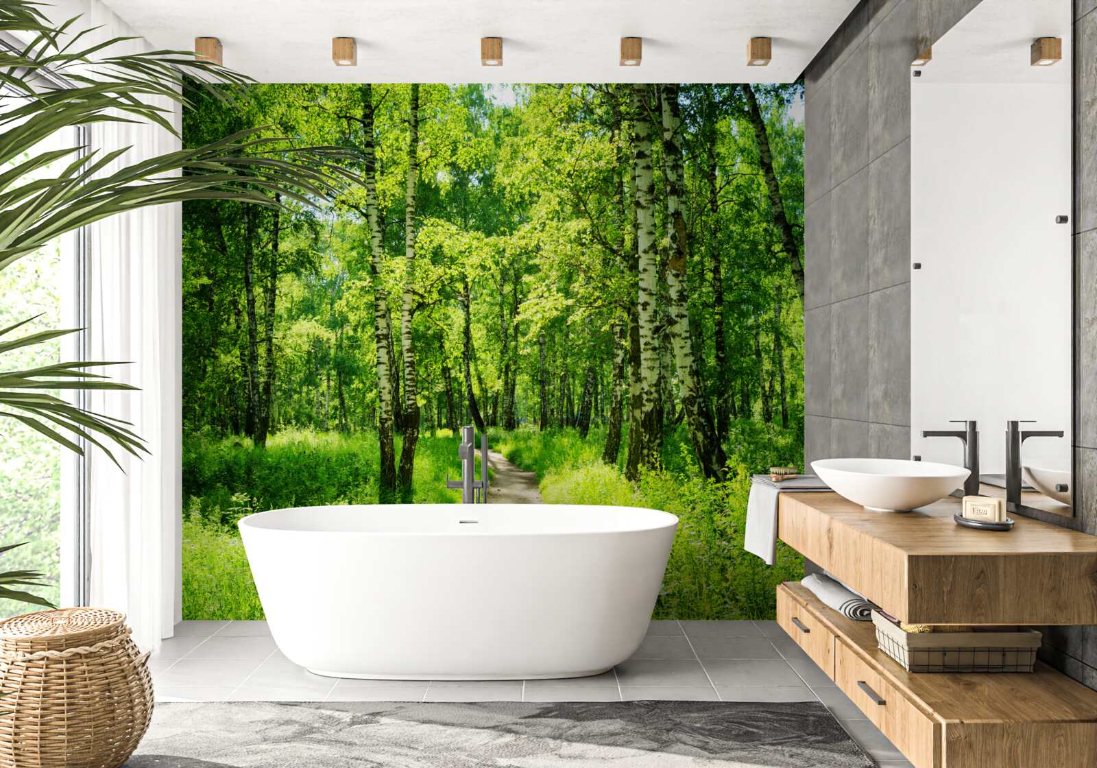 Fotobehang pad omgeven door groene bomen