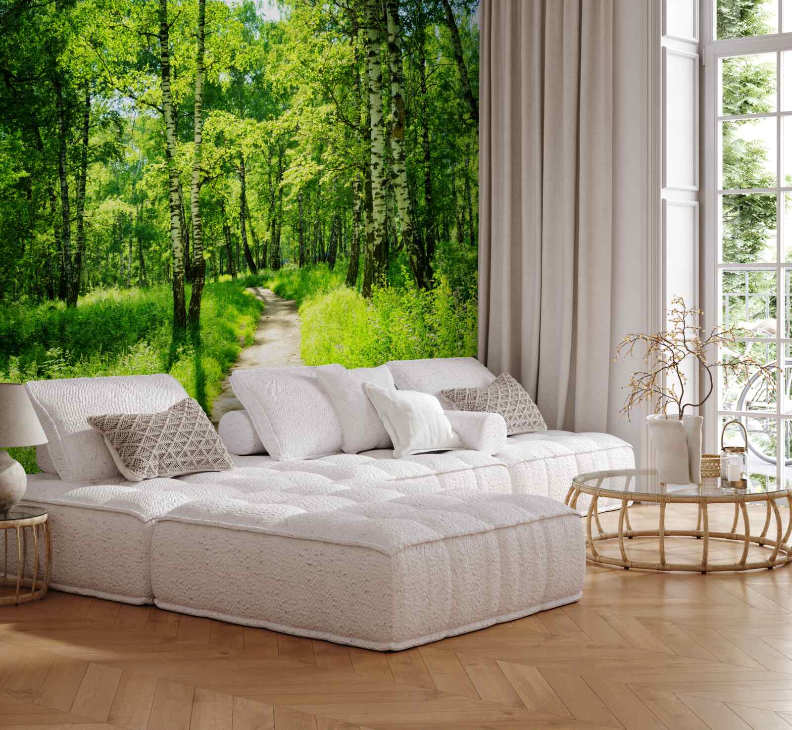 Fotobehang pad omgeven door groene bomen