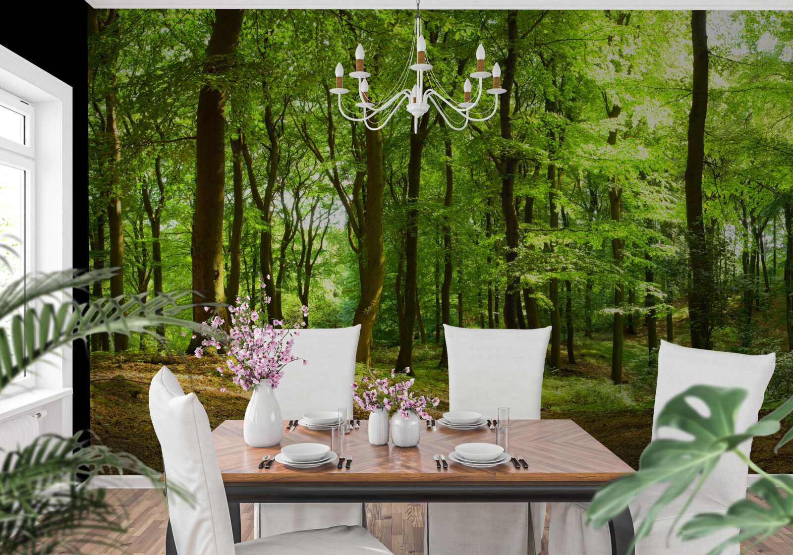 Fotobehang gazon in een dicht smaragdgroen bos