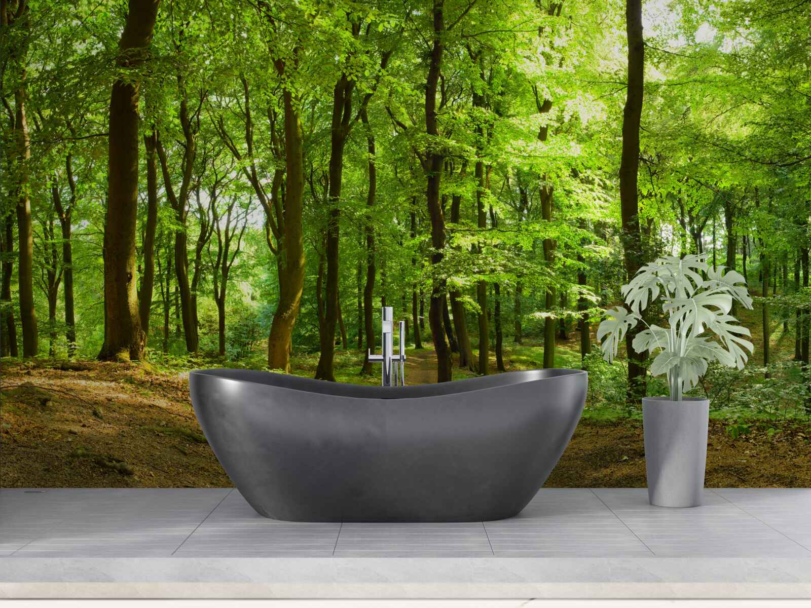 Fotobehang gazon in een dicht smaragdgroen bos