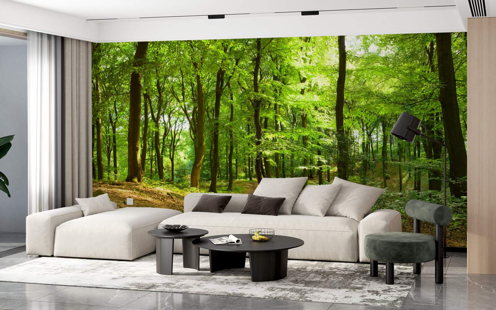 Fotobehang gazon in een dicht smaragdgroen bos