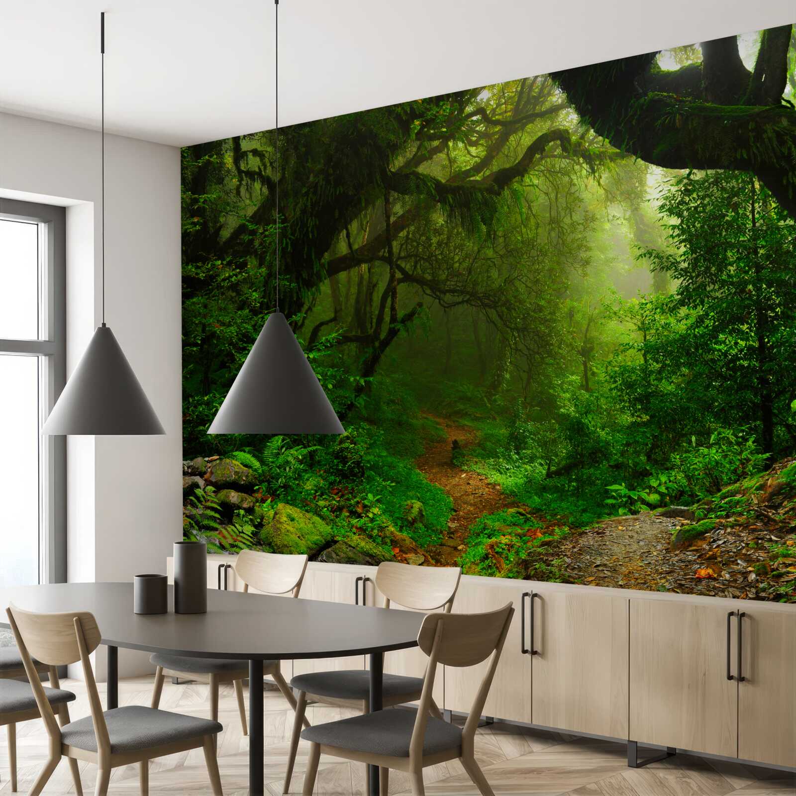 Fotobehang pad door een dicht groen bos