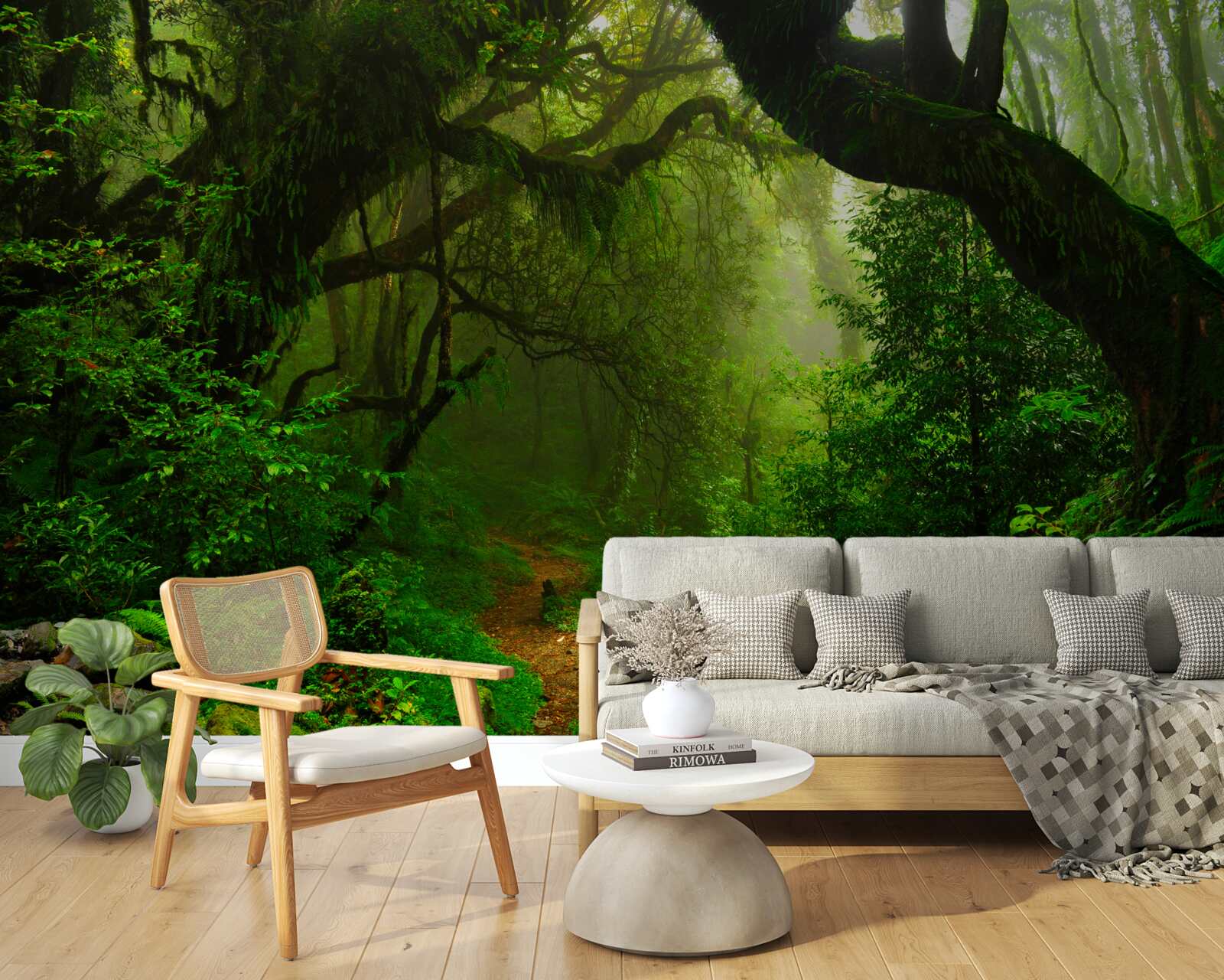 Fotobehang pad door een dicht groen bos