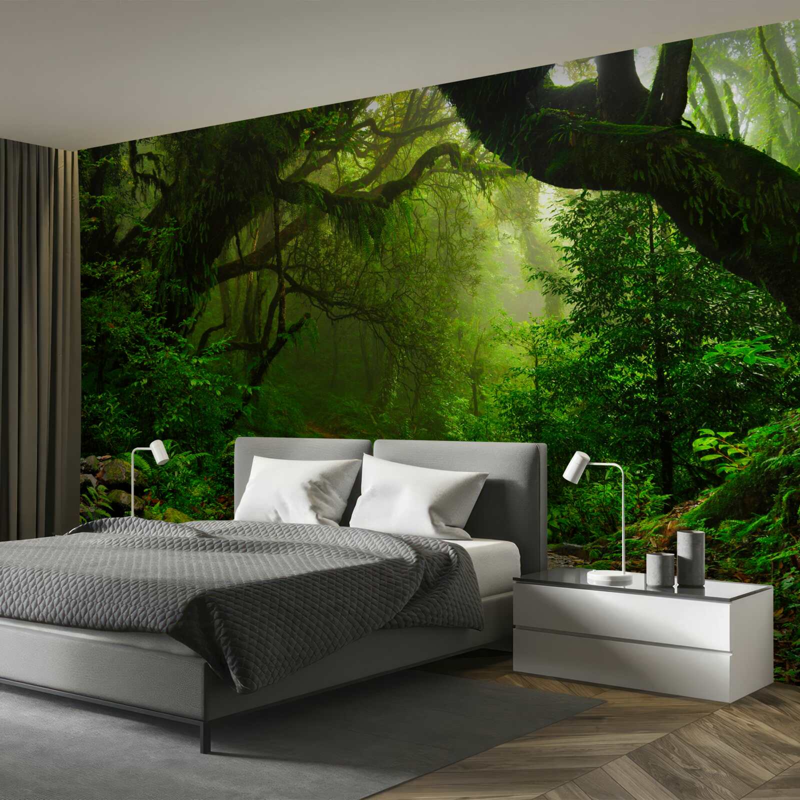 Fotobehang pad door een dicht groen bos