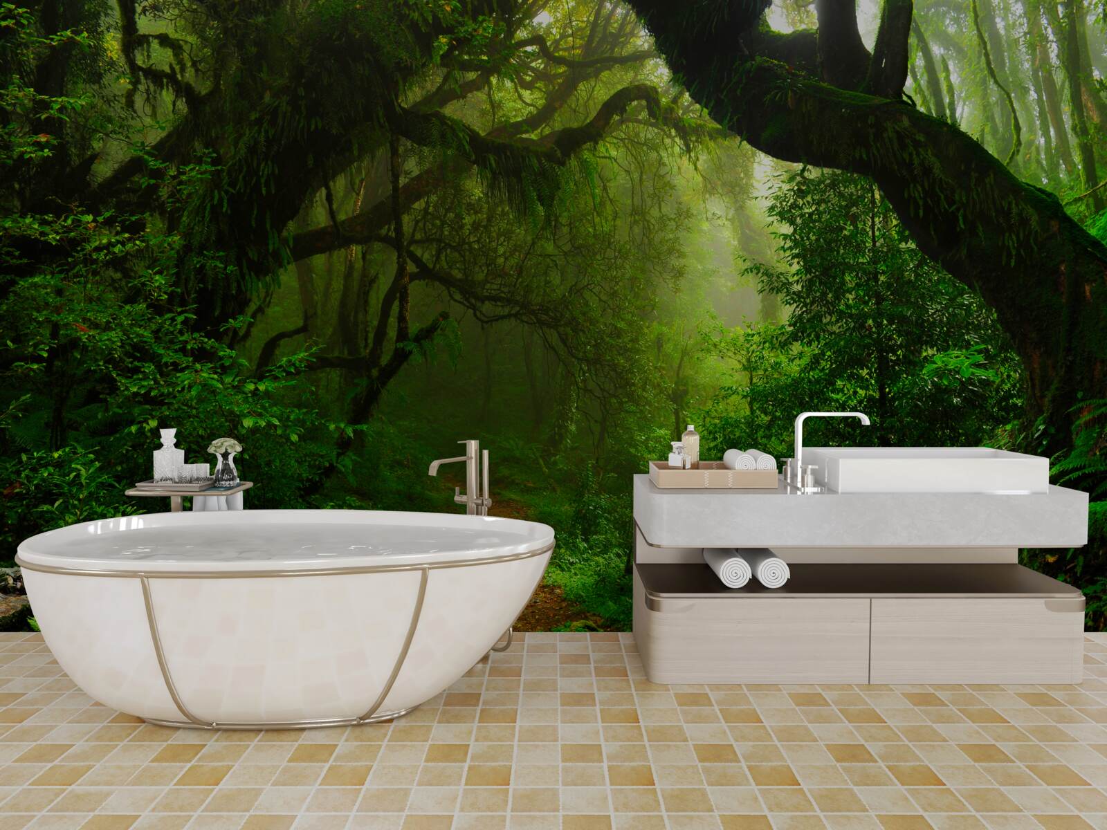 Fotobehang pad door een dicht groen bos