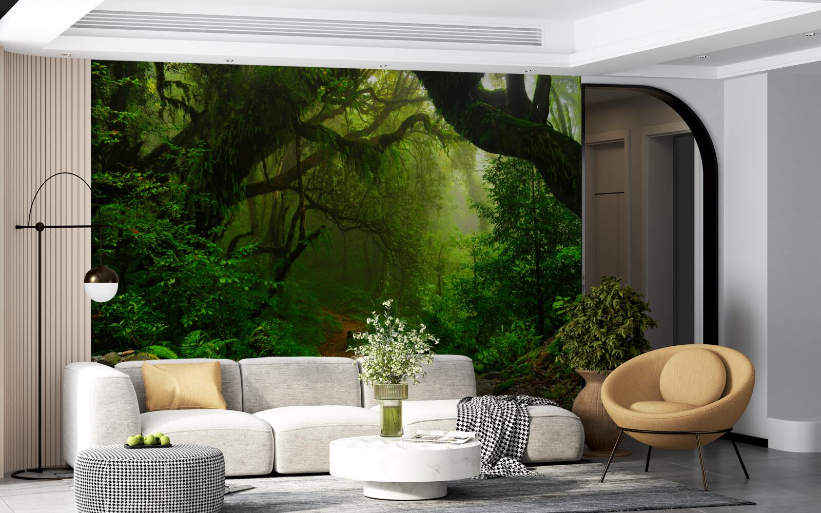 Fotobehang pad door een dicht groen bos