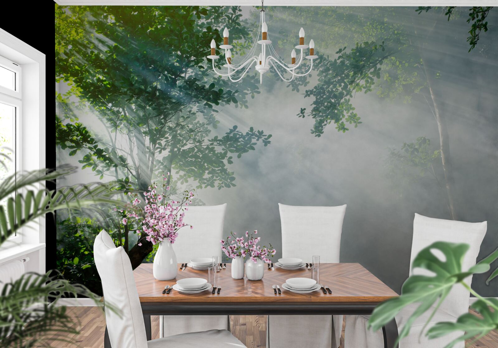 Fotobehang stralen van de ochtendzon dringen door het bos