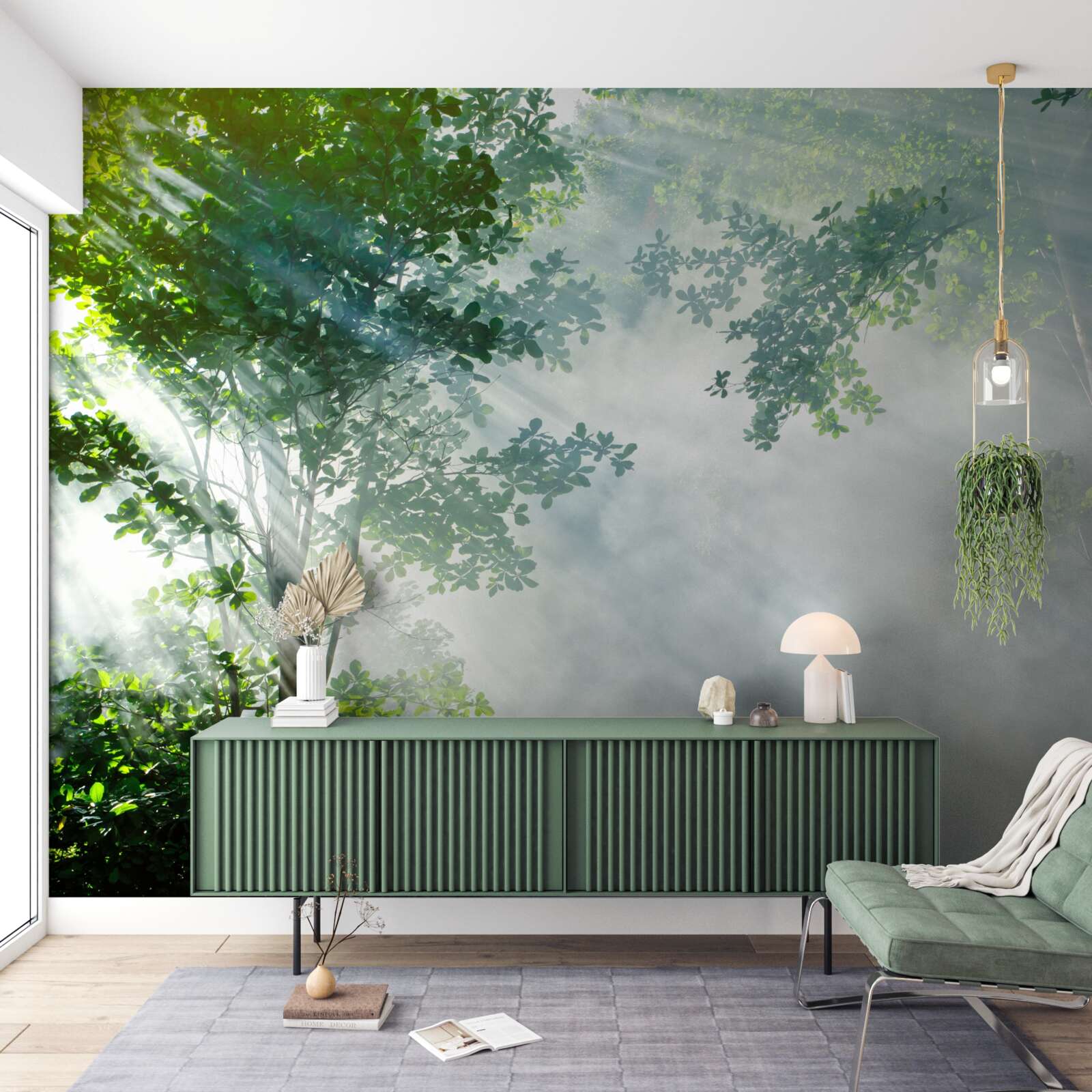 Fotobehang stralen van de ochtendzon dringen door het bos