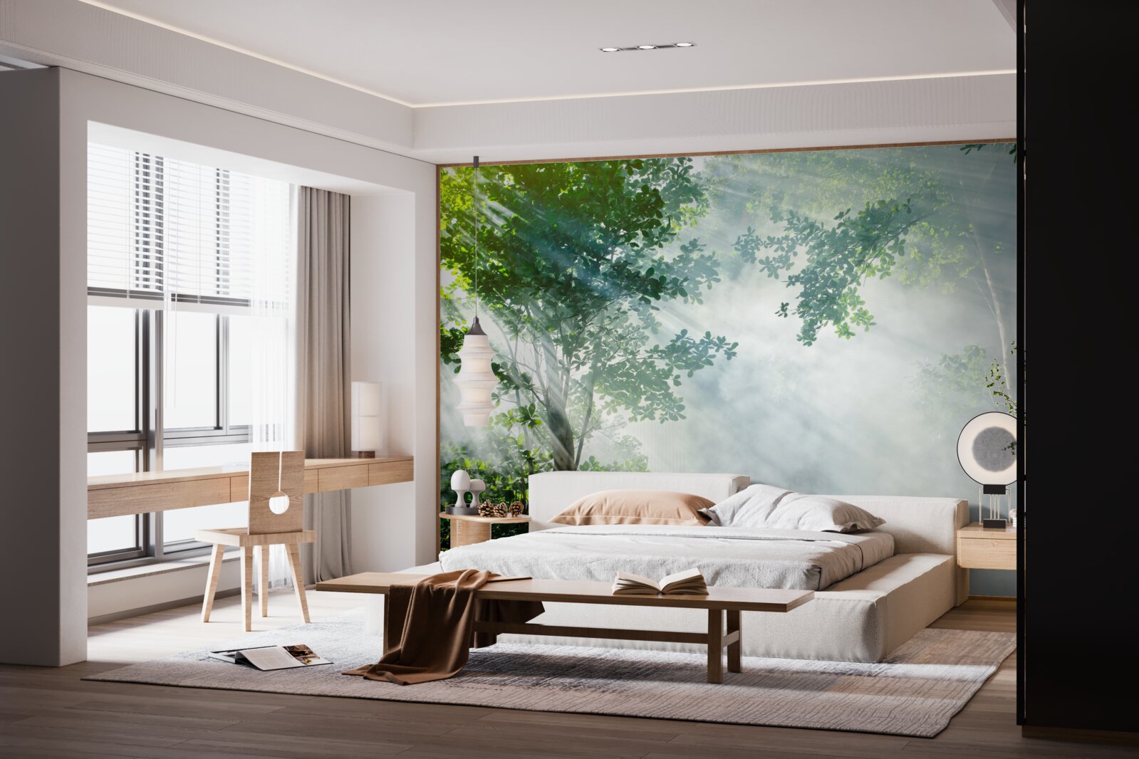 Fotobehang stralen van de ochtendzon dringen door het bos