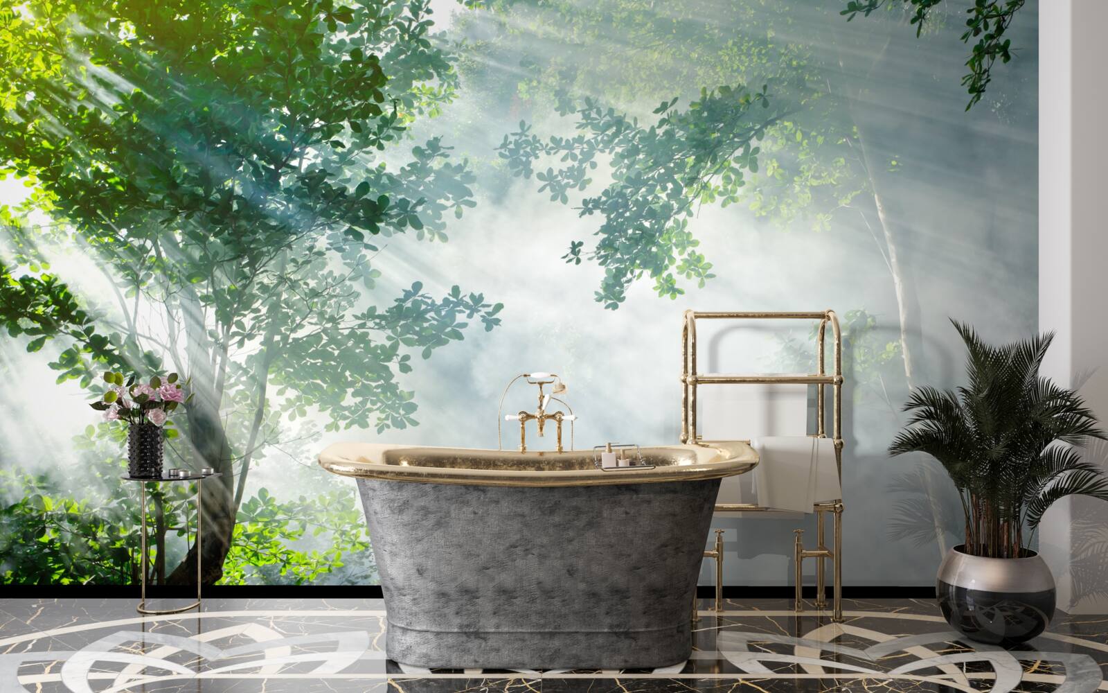 Fotobehang stralen van de ochtendzon dringen door het bos