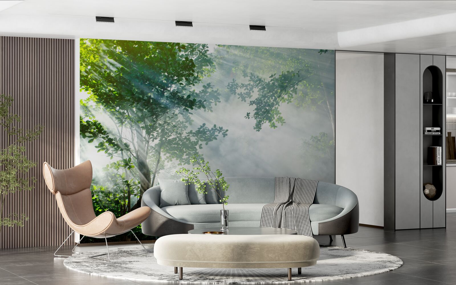 Fotobehang stralen van de ochtendzon dringen door het bos