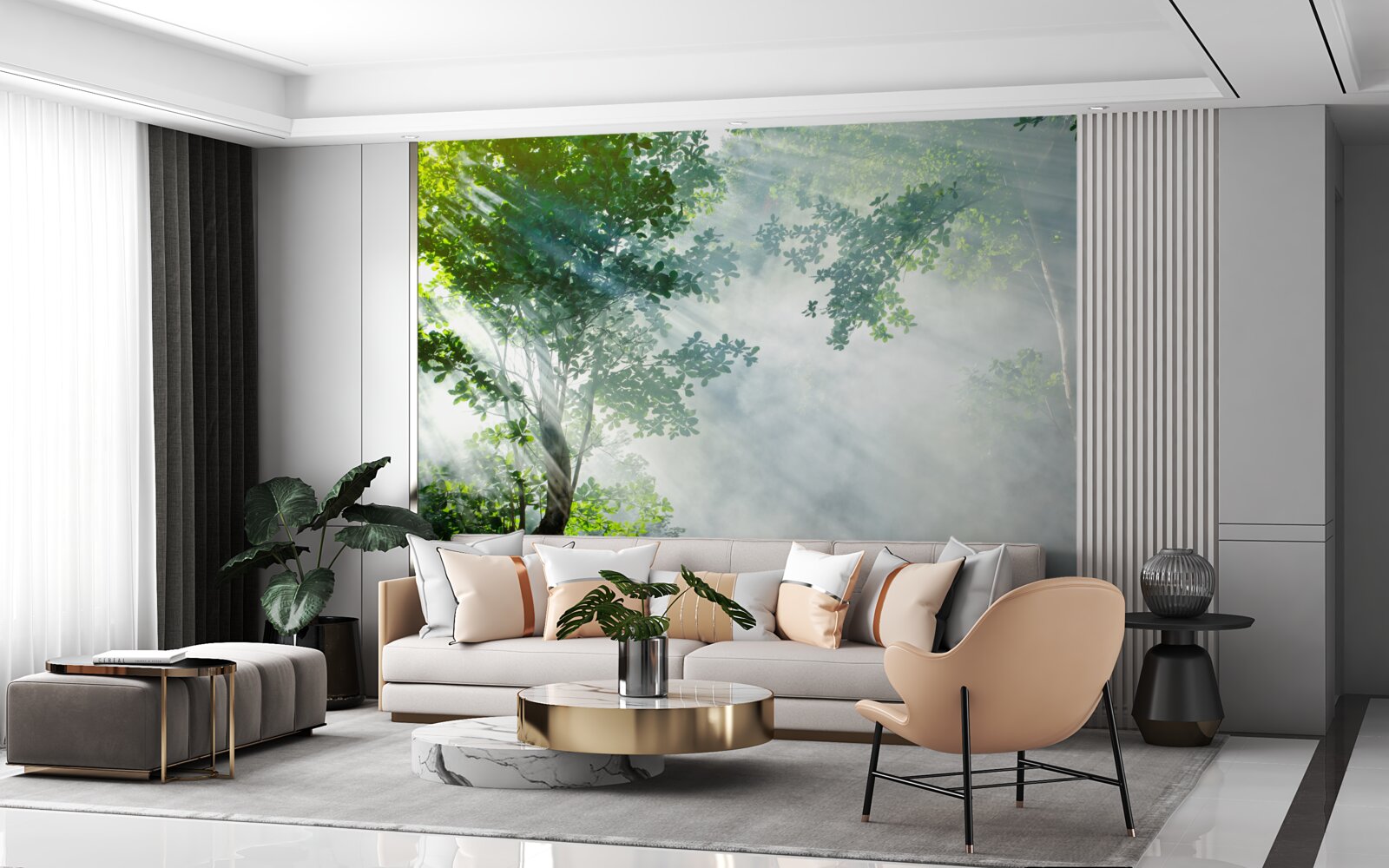 Fotobehang stralen van de ochtendzon dringen door het bos