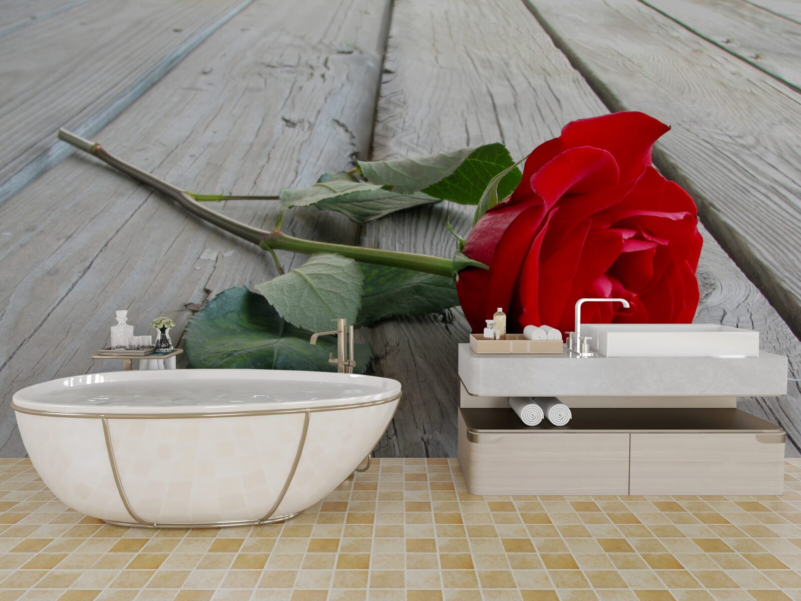 Fotobehang scharlaken bloem op een houten oppervlak