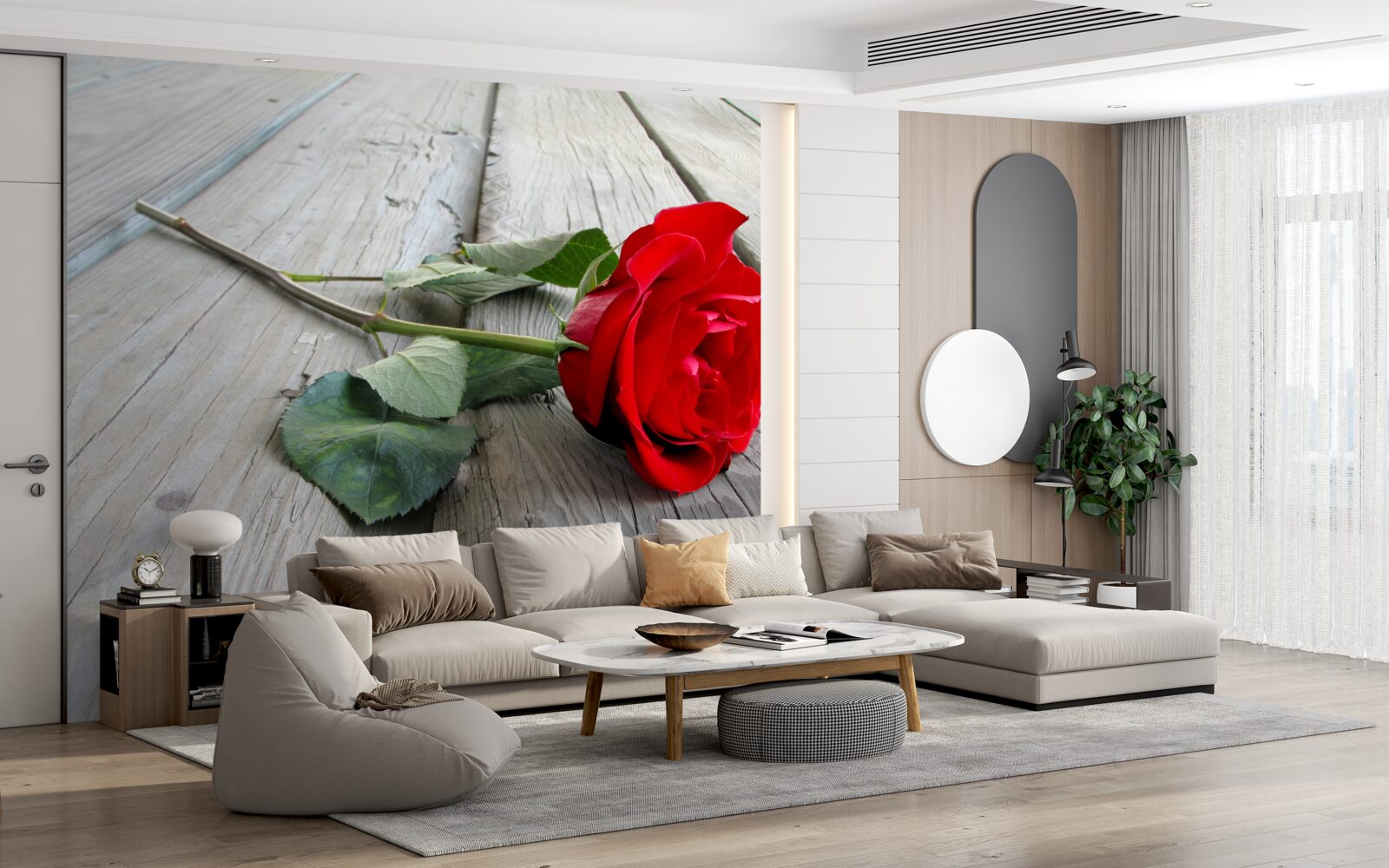 Fotobehang scharlaken bloem op een houten oppervlak