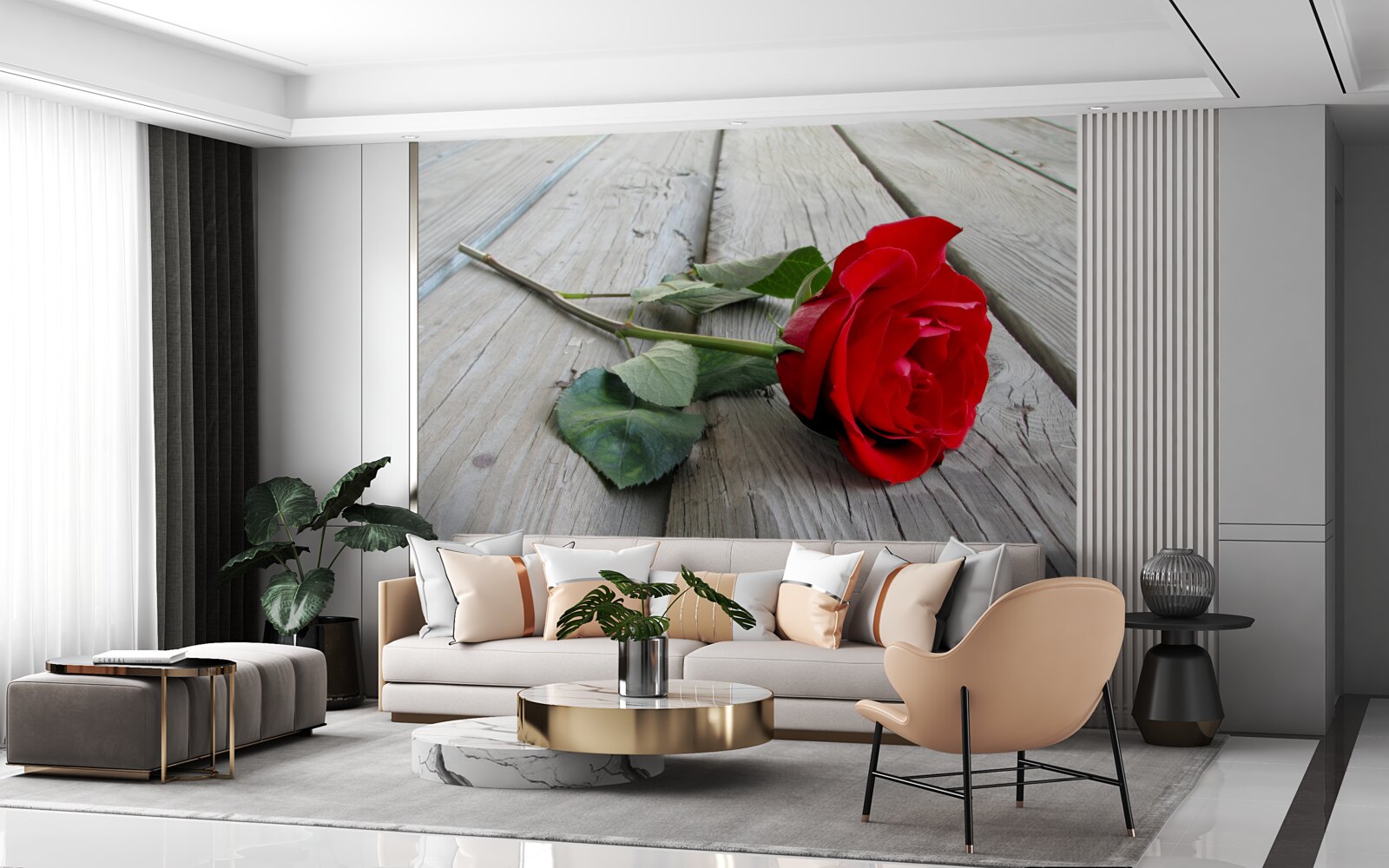 Fotobehang scharlaken bloem op een houten oppervlak