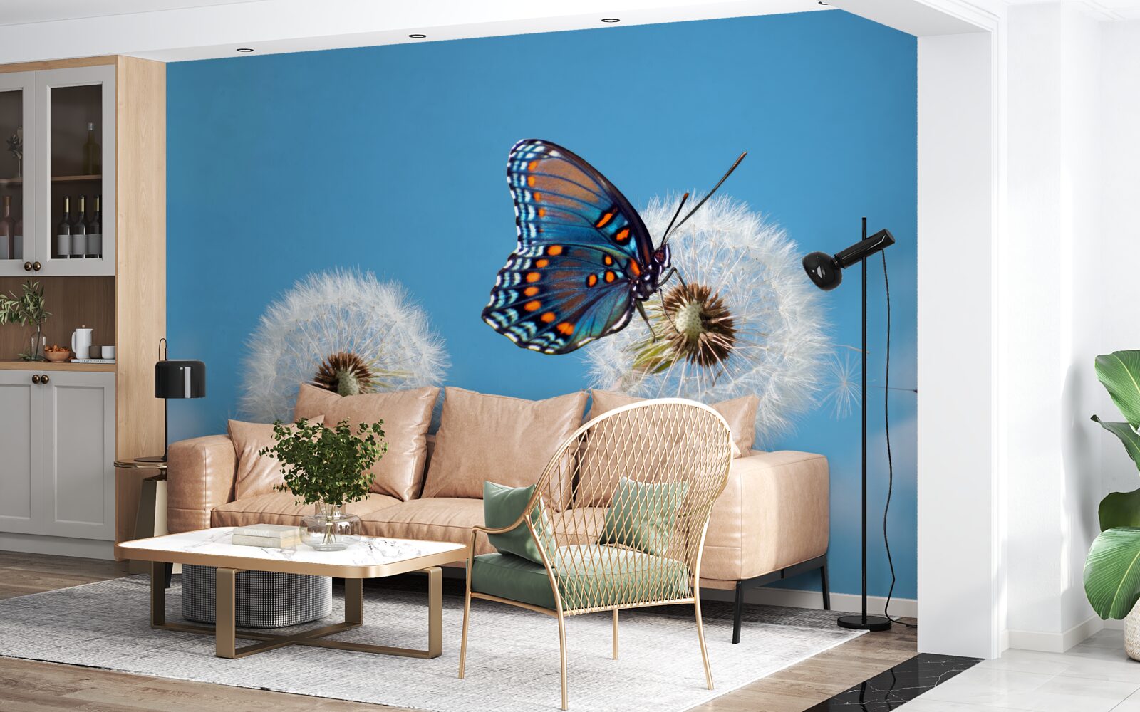 Fotobehang een vlinder zit op een verdorde paardenbloem