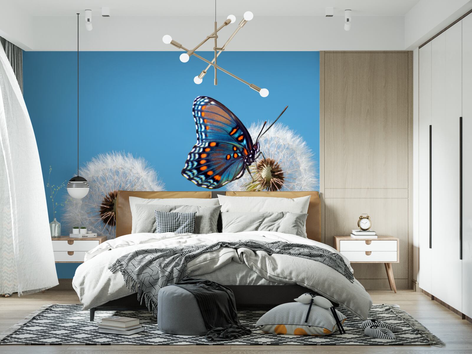 Fotobehang een vlinder zit op een verdorde paardenbloem