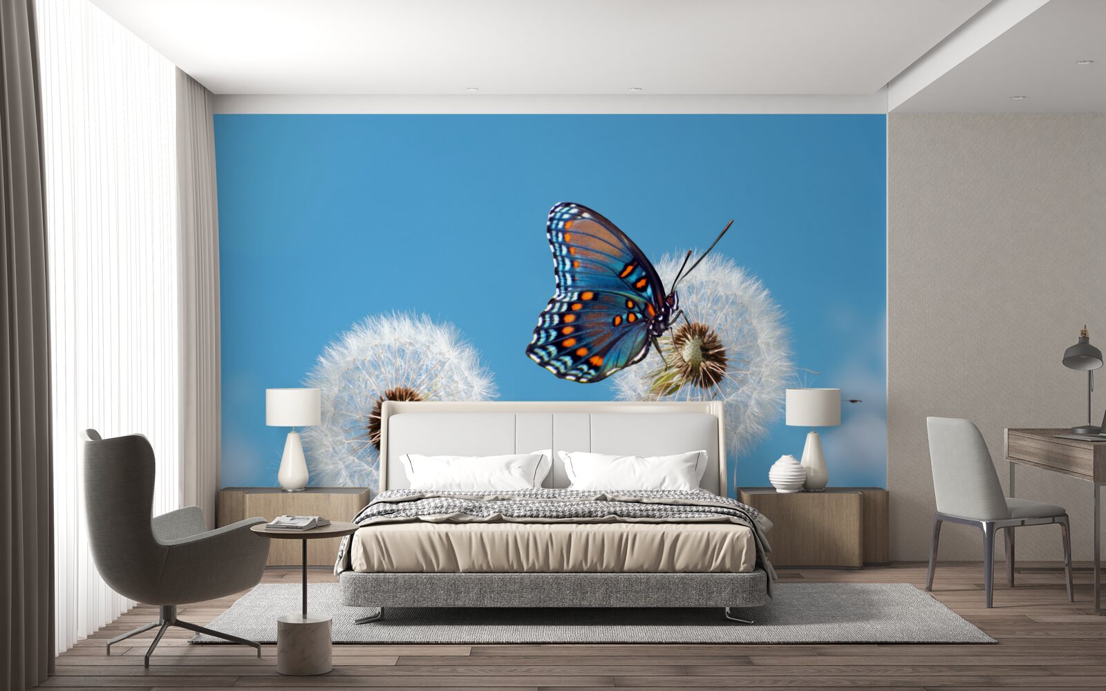 Fotobehang een vlinder zit op een verdorde paardenbloem