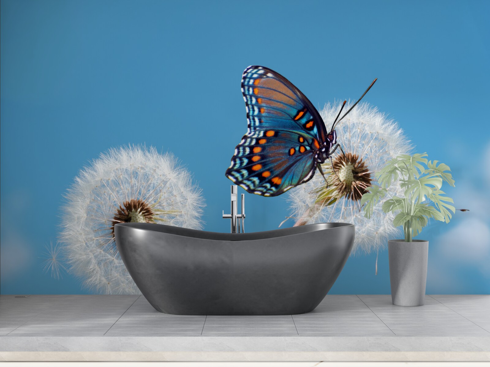Fotobehang een vlinder zit op een verdorde paardenbloem