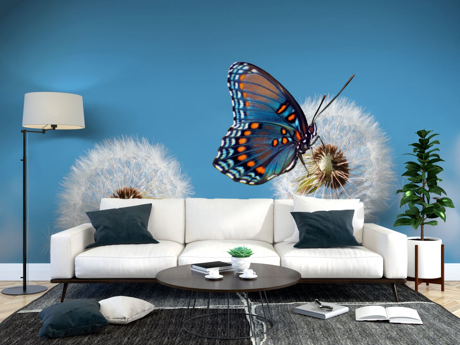 Fotobehang een vlinder zit op een verdorde paardenbloem