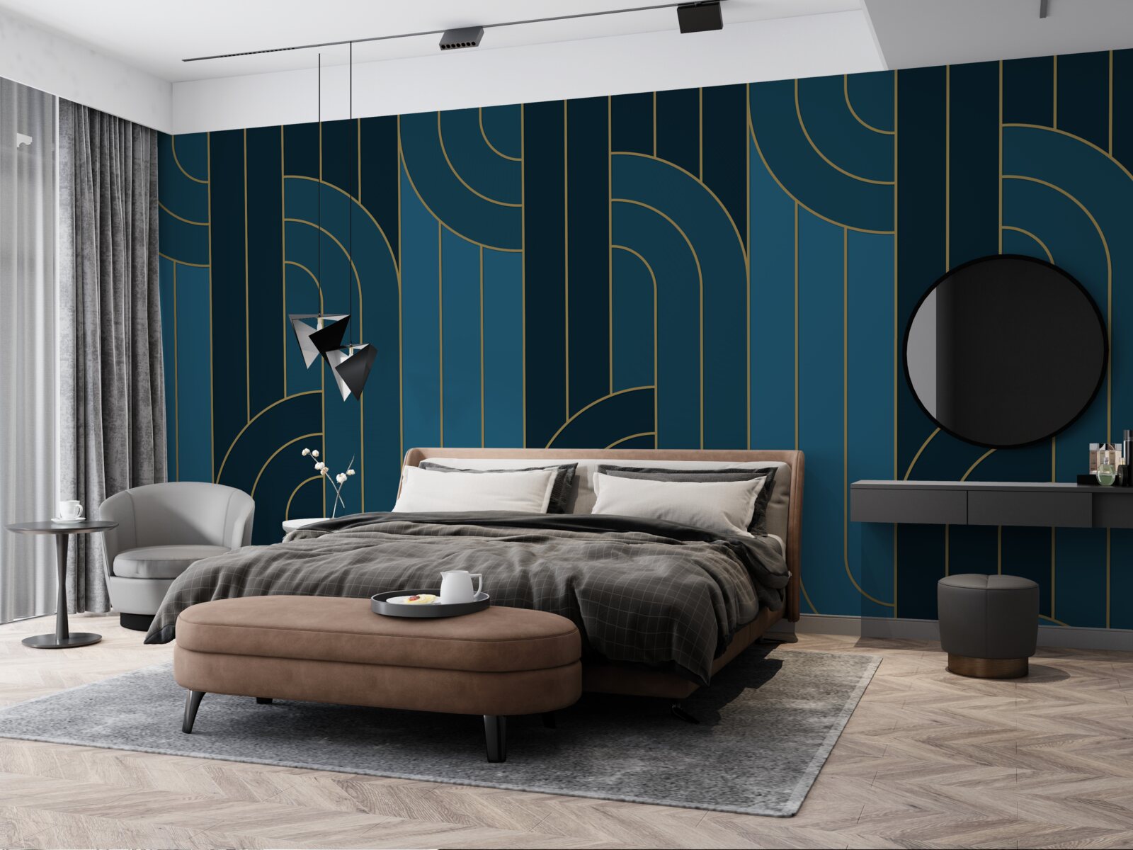 Fotobehang Diepblauwe lijnen die onderling verbonden zijn