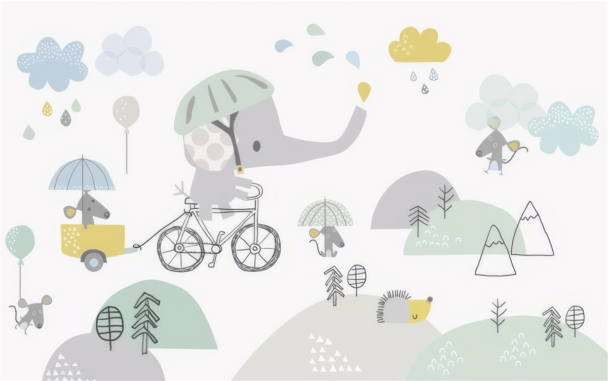 Fotobehang andere dieren en een olifant op een fiets