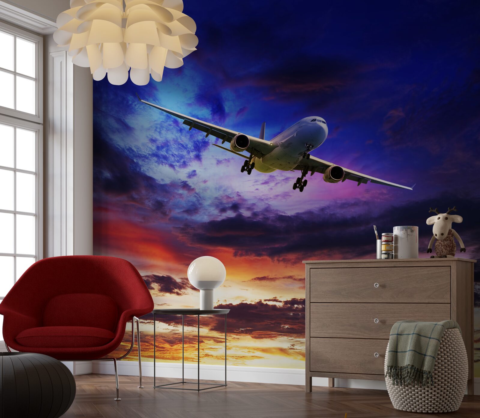 Fotobehang passagiersvliegtuigen in de avondlucht