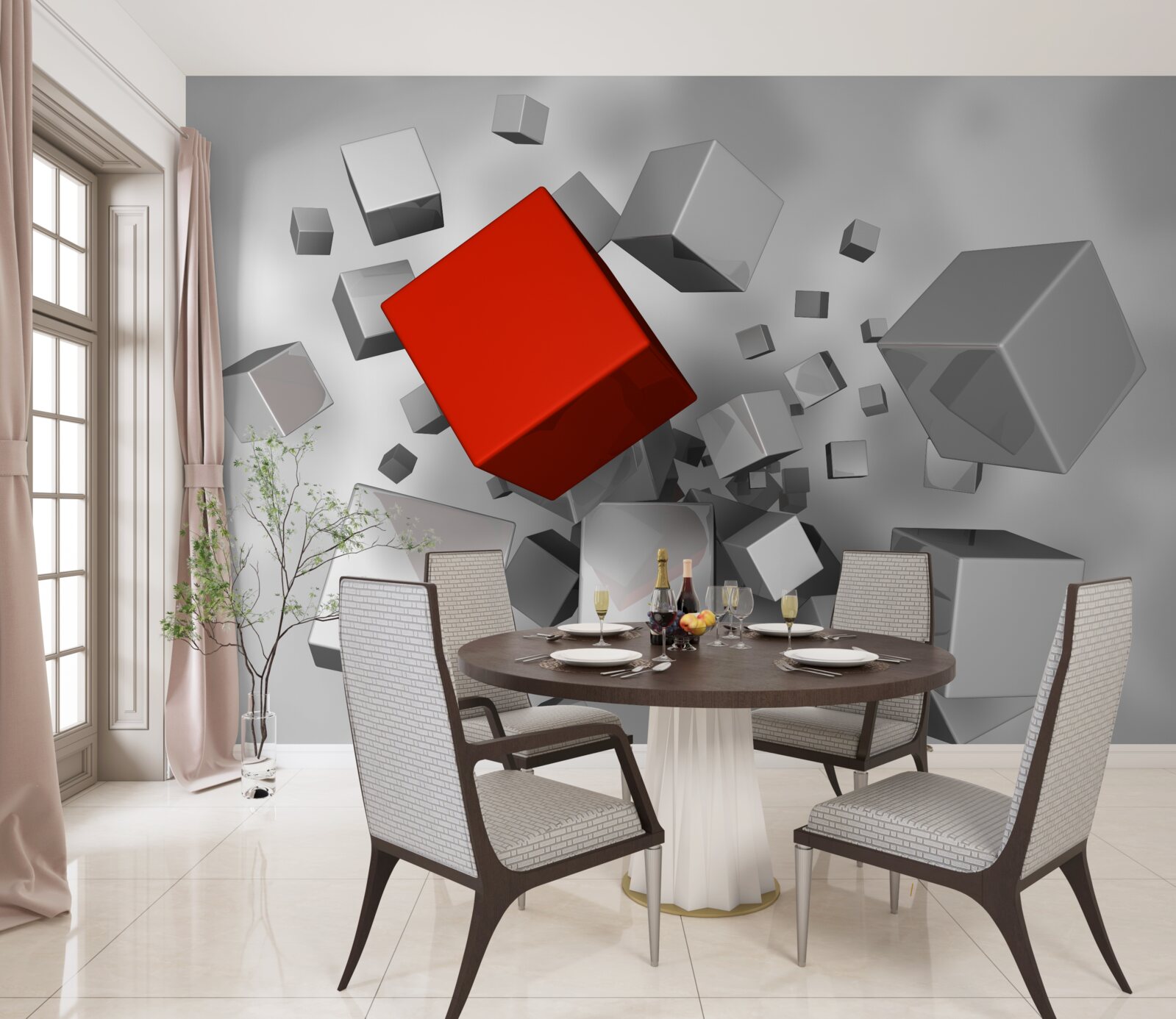 Fotobehang grote witte kubussen en een scharlakenrode kubus