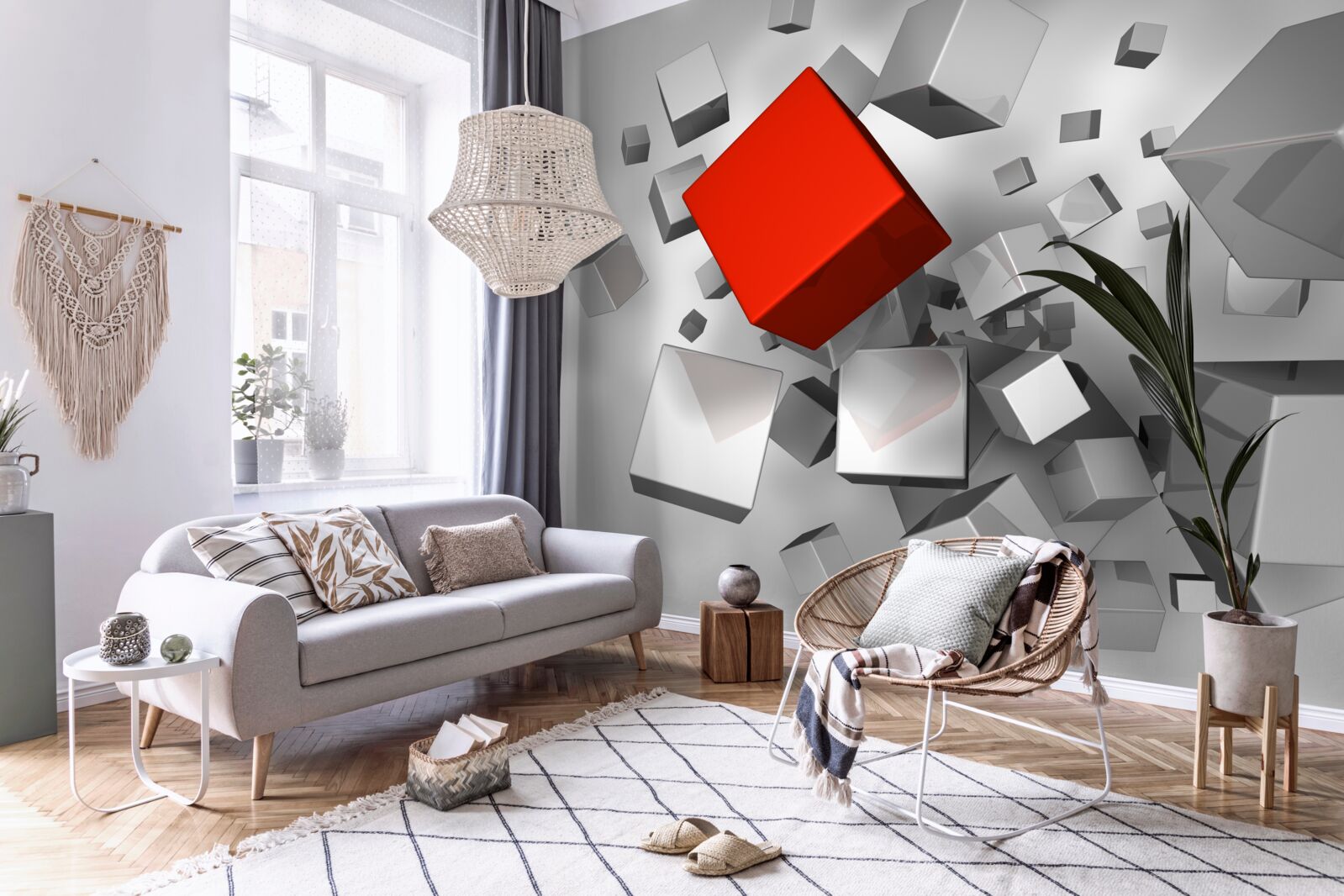 Fotobehang grote witte kubussen en een scharlakenrode kubus